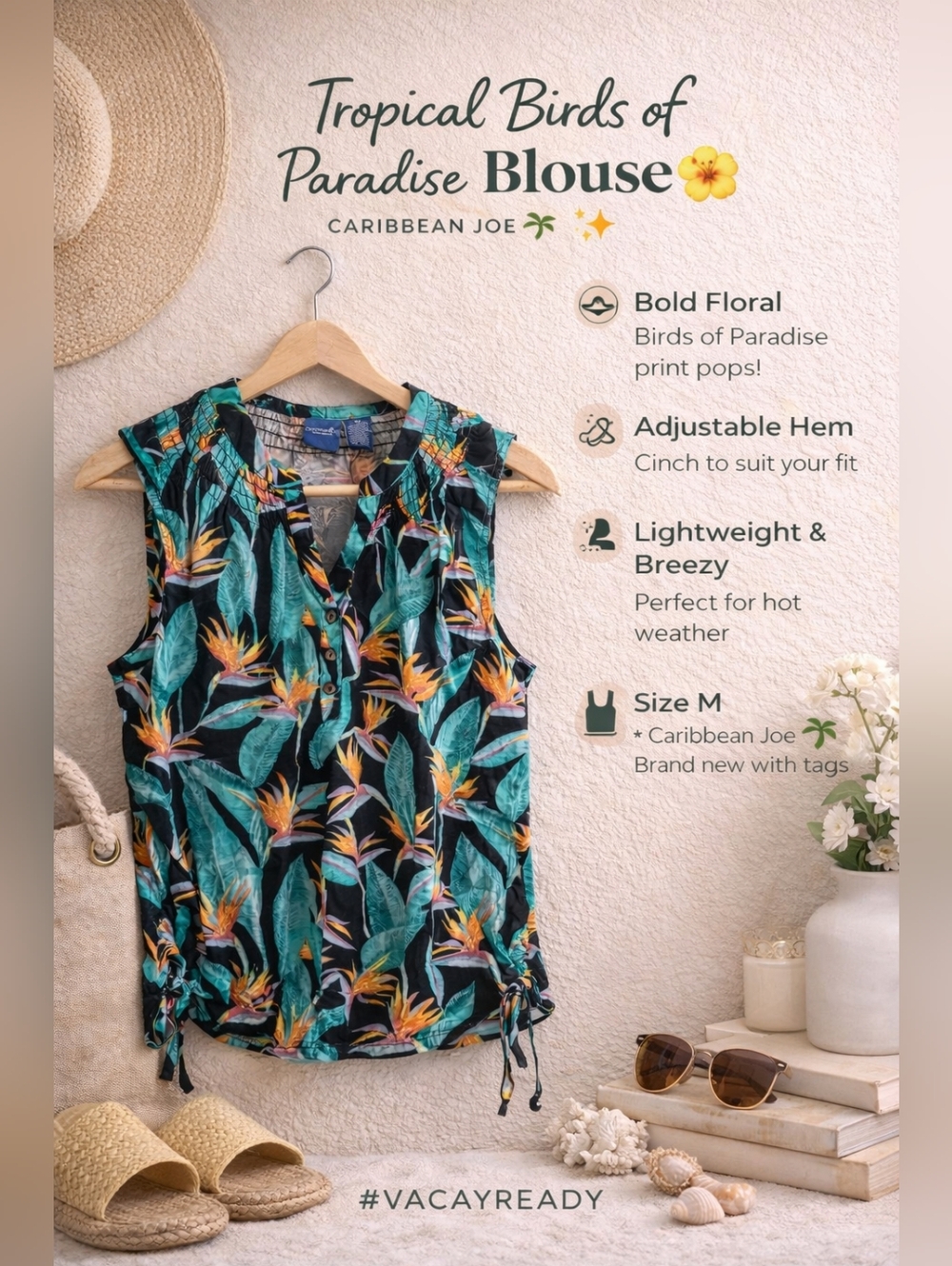 NWT - Caribbean Joe Tropical Birds of Paradise Sleeveless Blouse | Size MP |